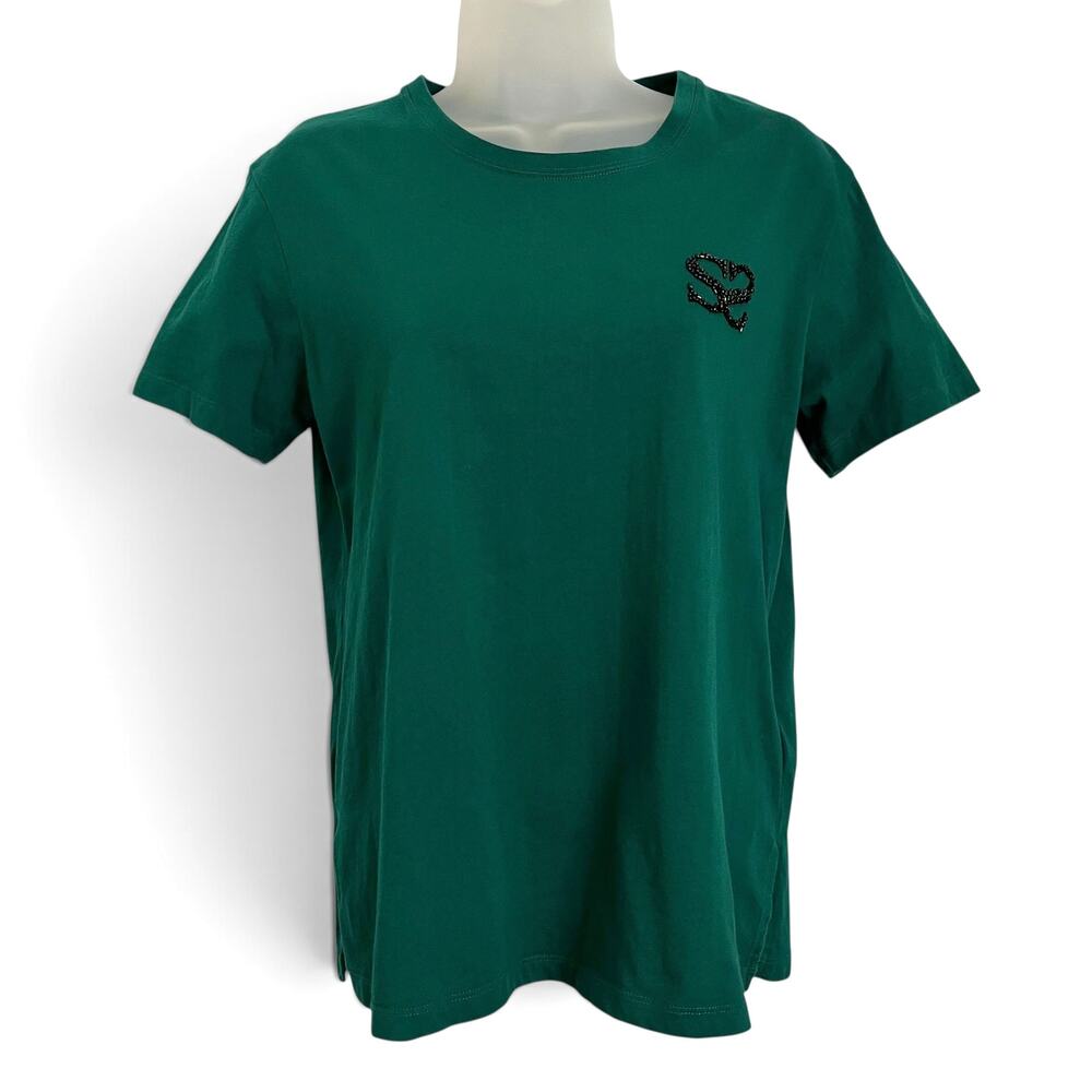 Sandro Paris Roméo Emerald Green Black Glass Bead Logo Cotton Tee T-Shirt Top